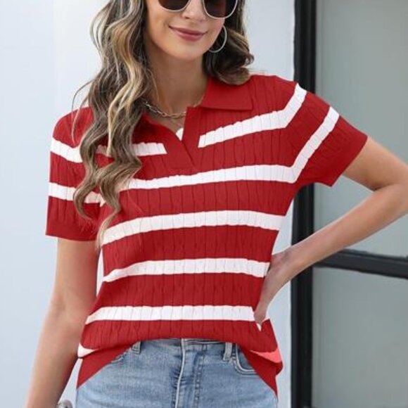 Women’s Short Sleeve Lightweight Cable Knit Sweater Top Red & White V-Neck Lape - Picture 3 of 5